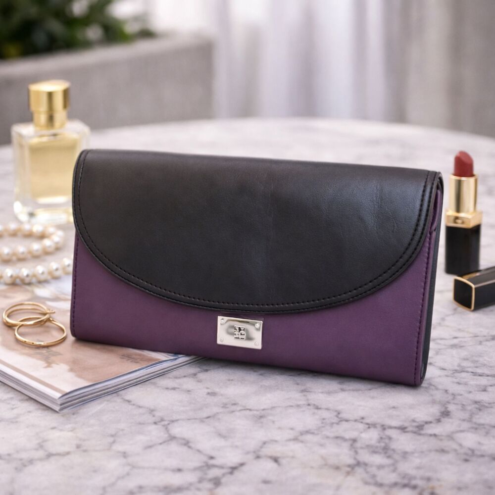 New York & Company Large Flap Clutch Purple Black